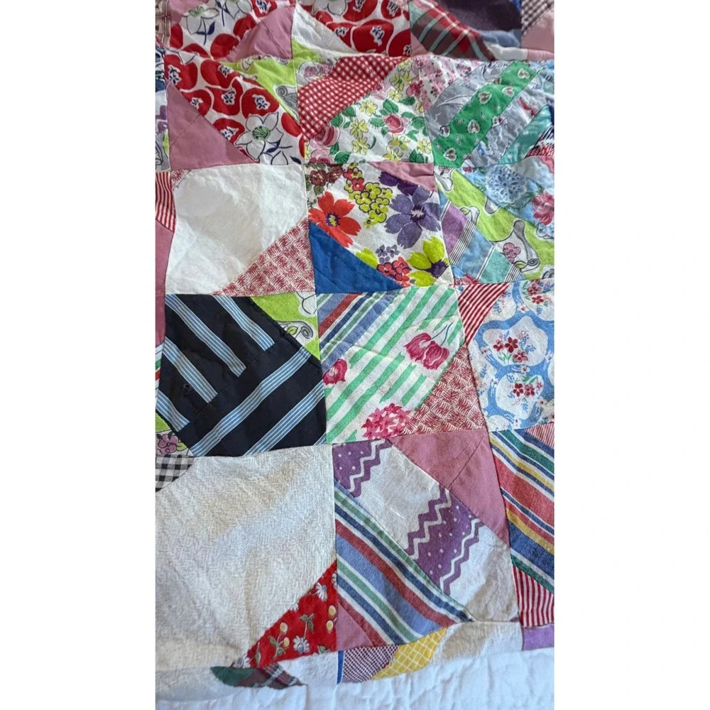 Vintage Hand Pieced Scrap Quilt Top Unfinished Varied  Cotton Colorful Patchwork